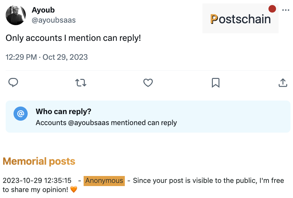 Postschain demo image showing a persisted and permanent post on twitter